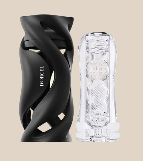 Black silicone spiral male pleasure device with detachable clear textured sleeve, beige background