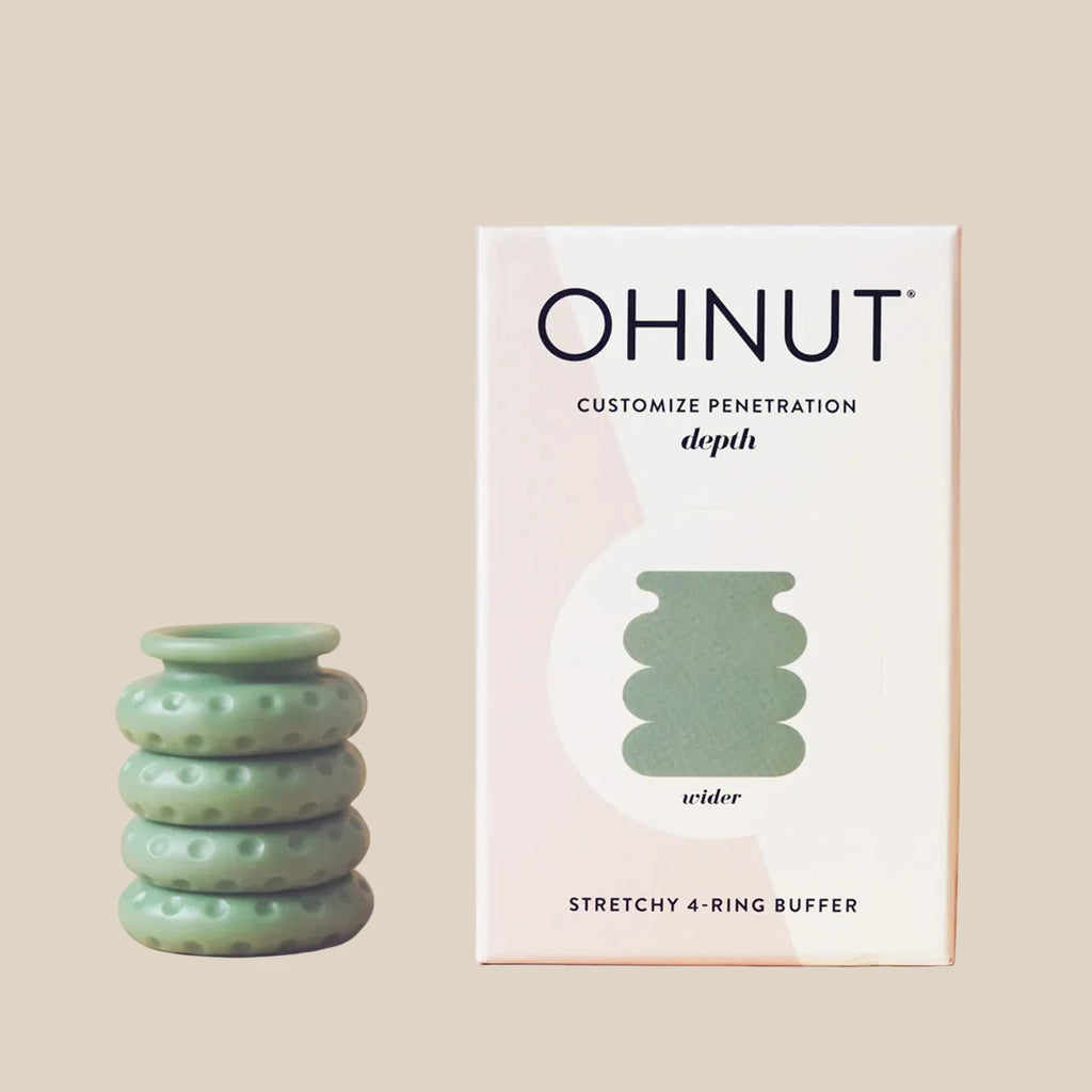 Green Ohnut customizable depth buffer ring set with product packaging on a beige background