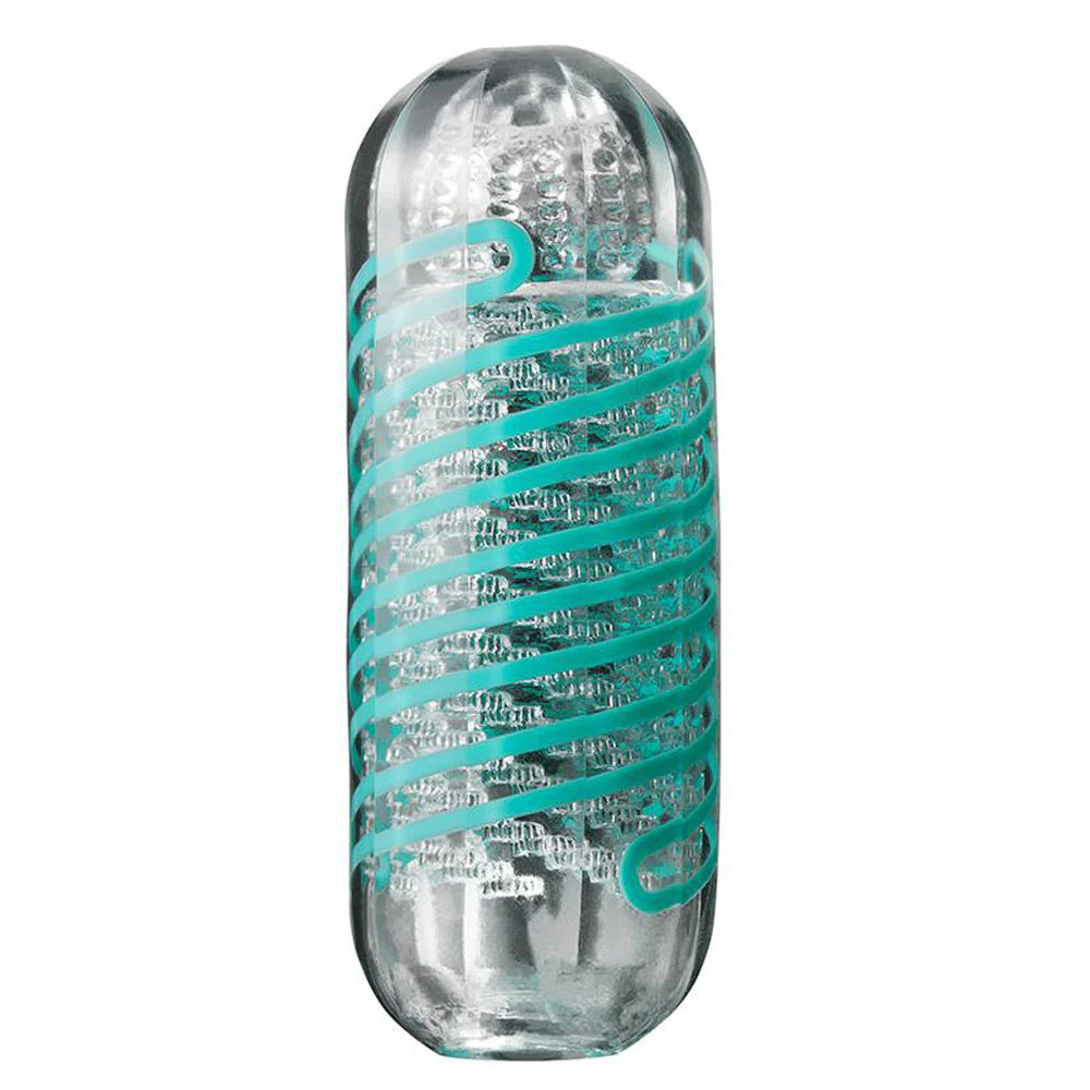 Clear textured personal pleasure sleeve with spiral blue accent, adult product