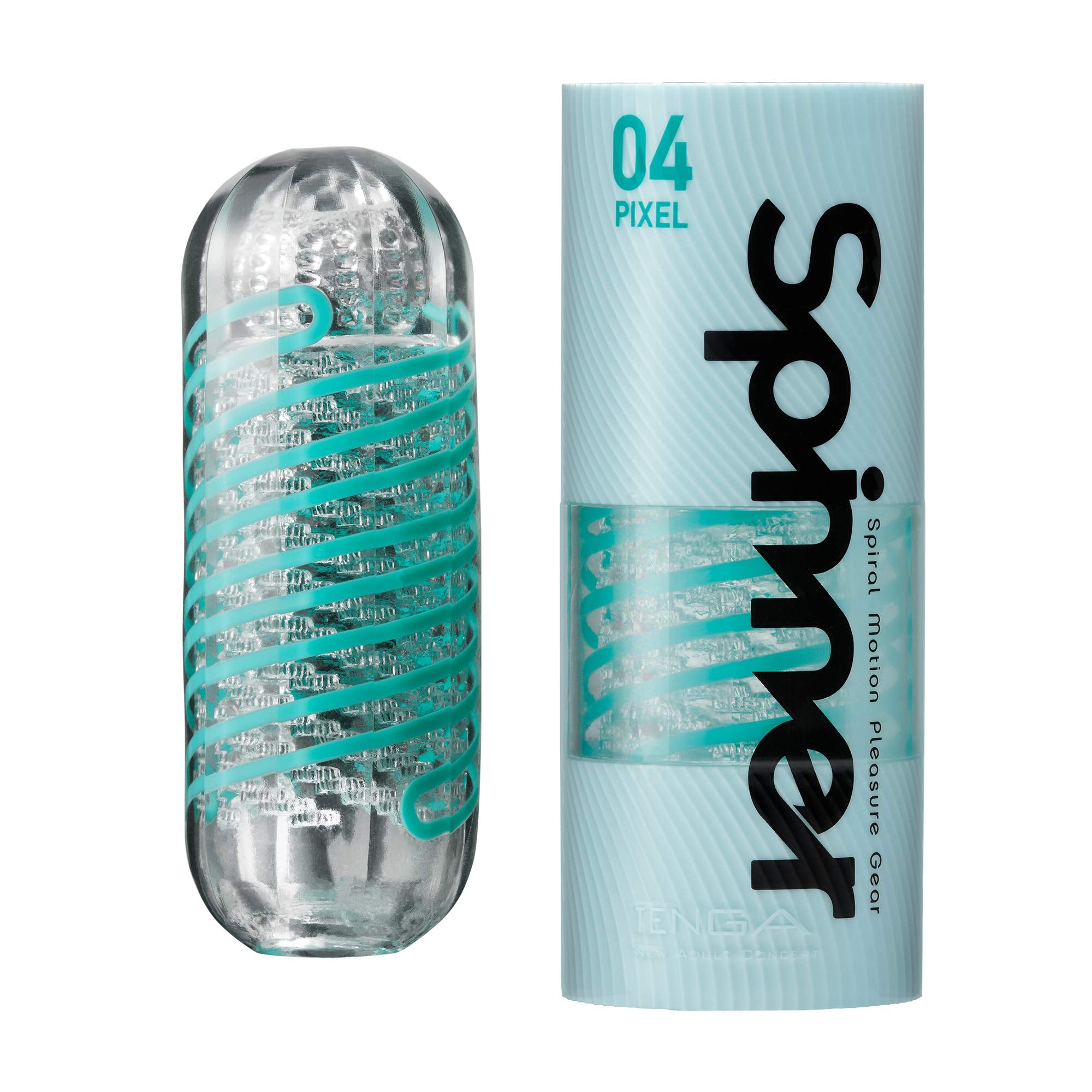 Clear spiral textured adult pleasure sleeve and matching light blue packaging