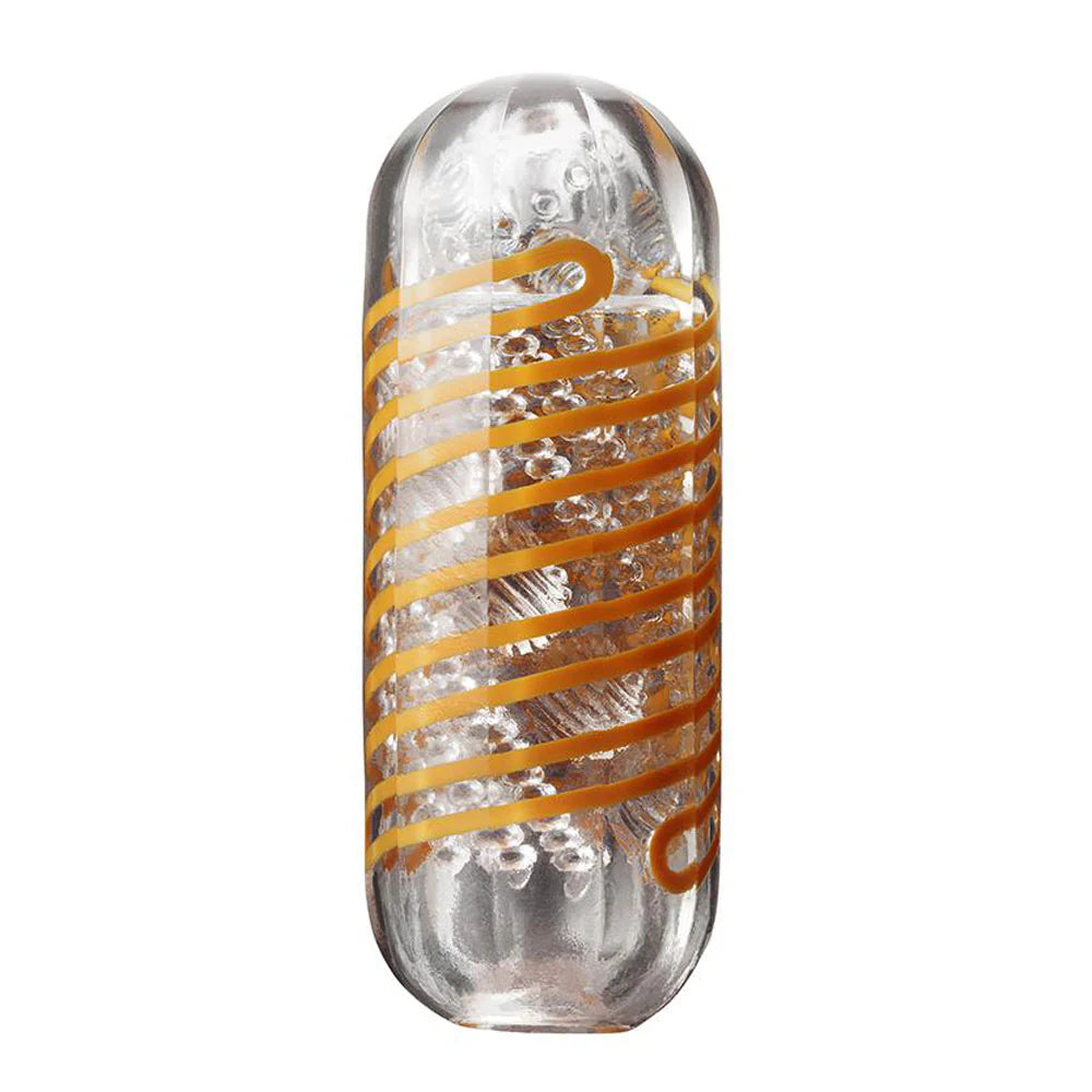 Clear textured glass pleasure sleeve with spiral orange accent for adult use