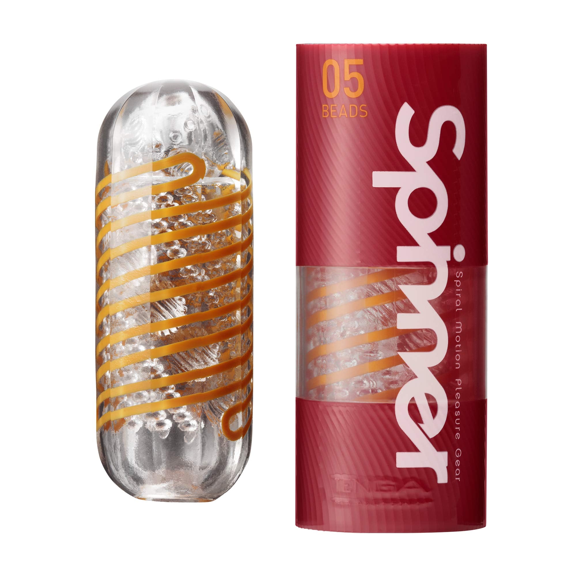 Clear textured spiral male stroker toy with orange details and red packaging labeled Spinner.
