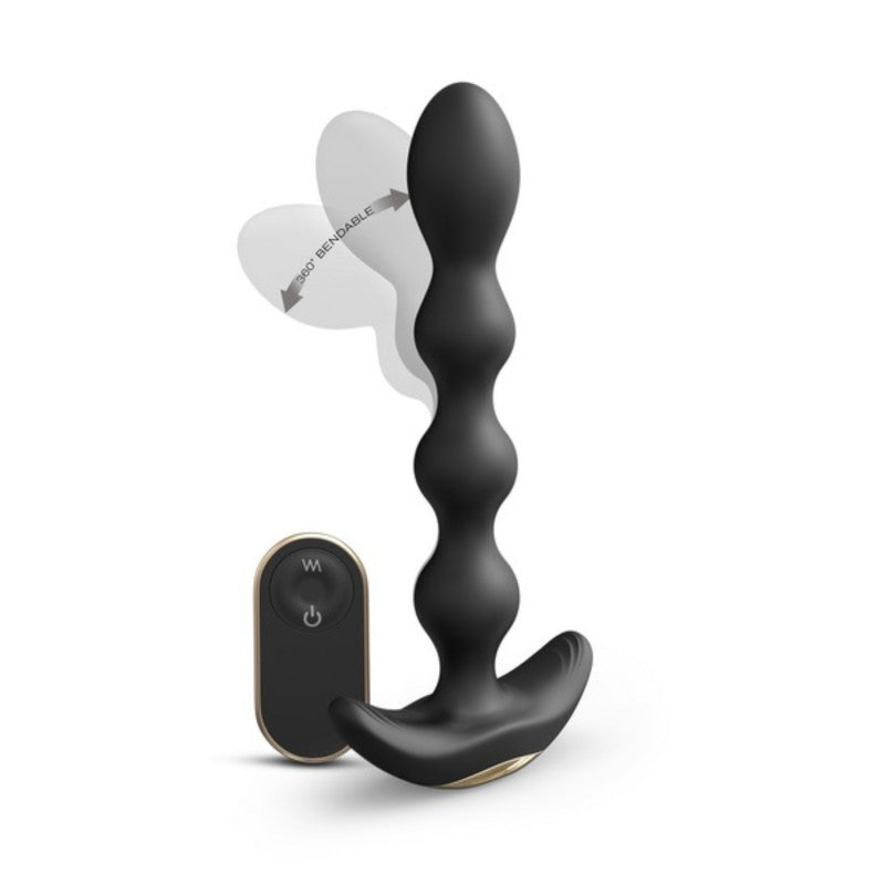 Black silicone bendable beaded massager with wireless remote control on white background.