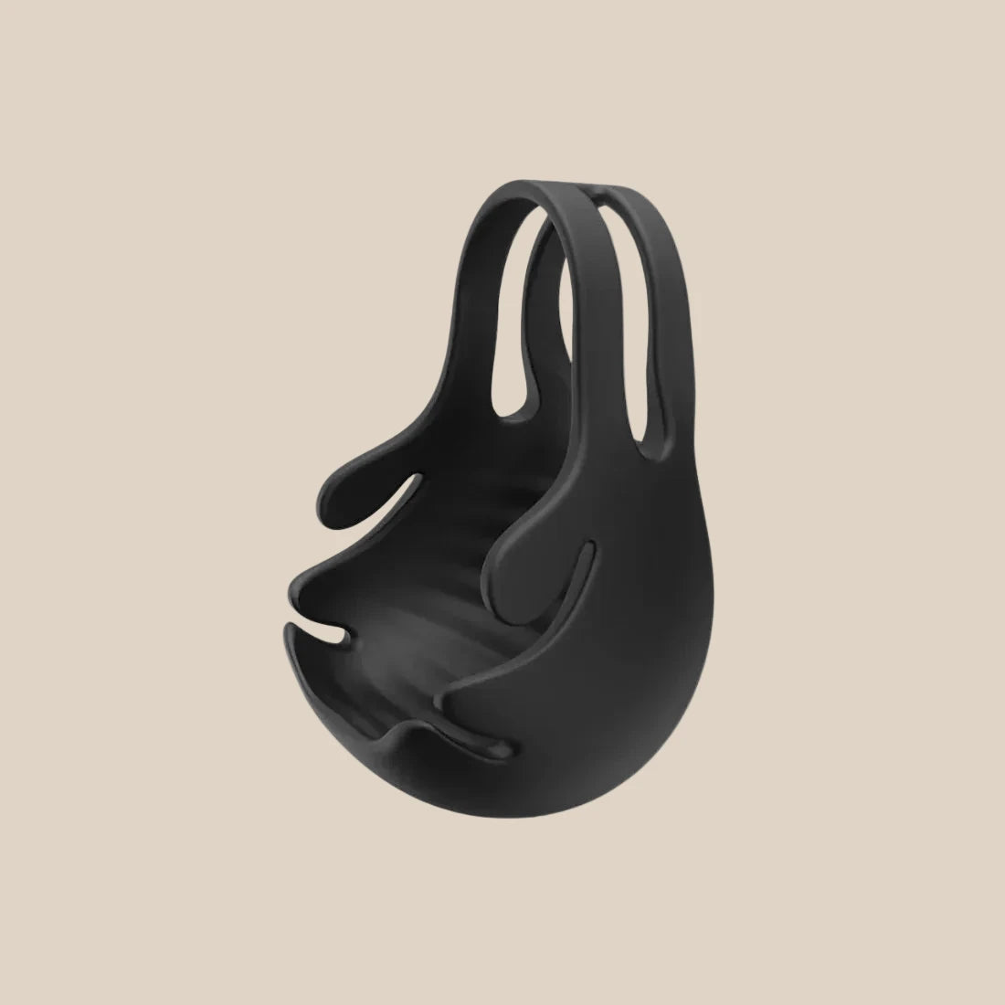 Black ergonomic silicone adult toy with an open, flexible design on a neutral background.