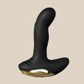 Black silicone prostate massager with gold accent on a neutral background