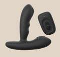 Black silicone prostate massager with wireless remote control on neutral background