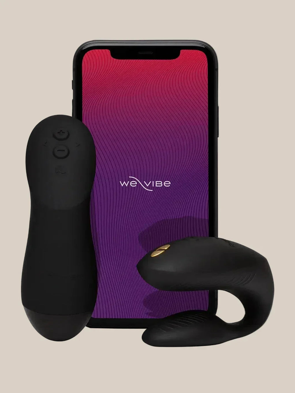 Smartphone showing We-Vibe app controls next to the Black Chorus Pro.