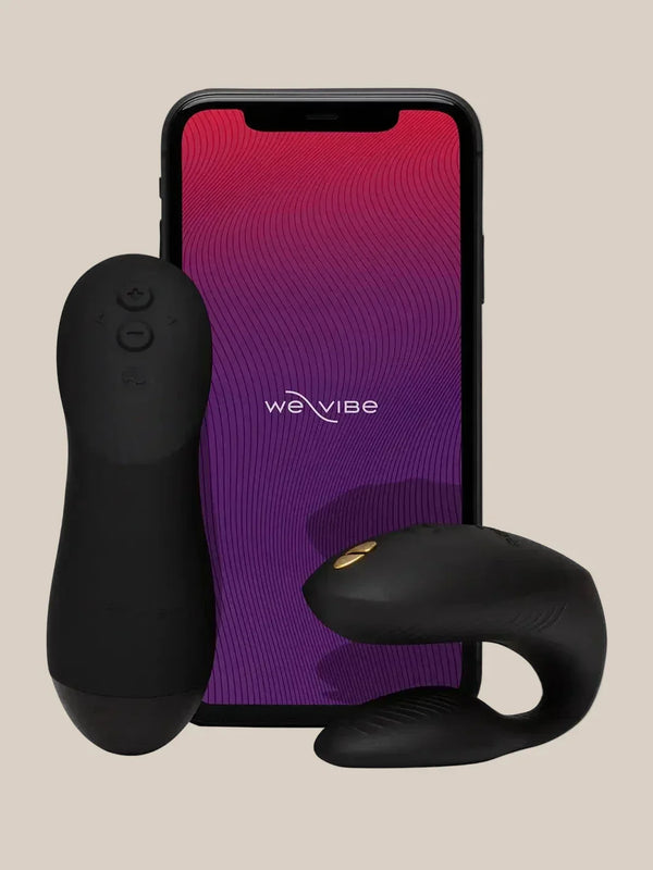 Smartphone showing We-Vibe app controls next to the Black Chorus Pro.