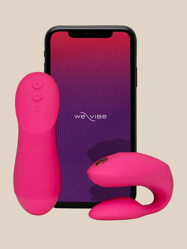 Electric Pink Chorus Pro next to the We-Vibe app for long-distance play.