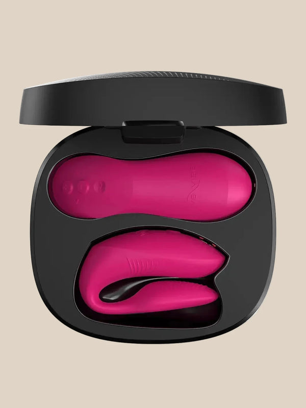 Electric Pink Chorus Pro and remote docked in the premium charging case.