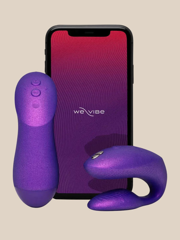 Cosmic Purple We-Vibe Chorus Pro paired with a smartphone showing the We-Vibe app controls for long-distance and custom play at Noirette.