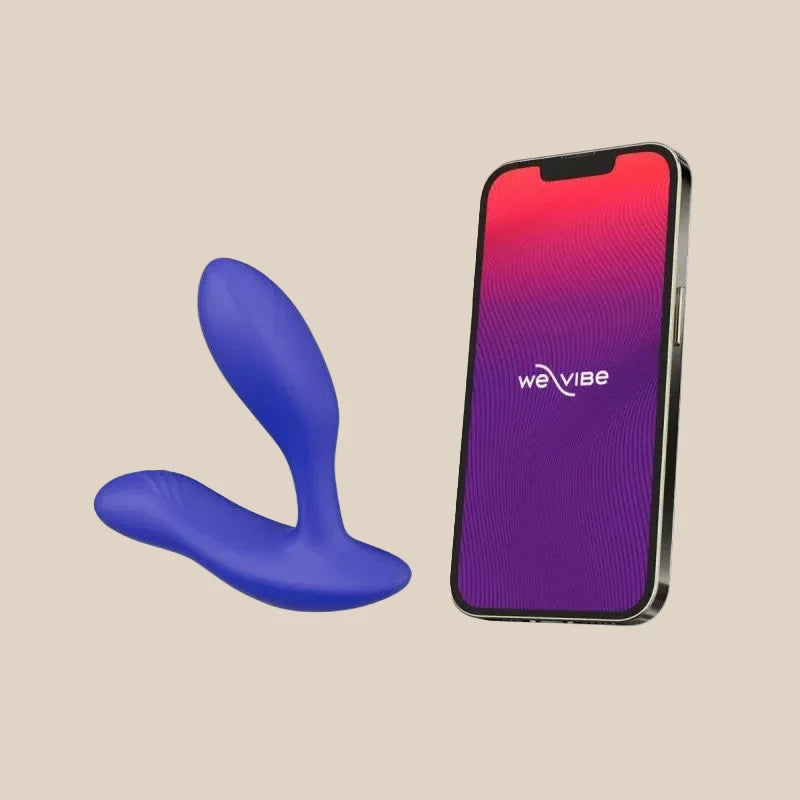 We-Vibe Vector Plus in Royal Blue paired with the smartphone app for remote play.