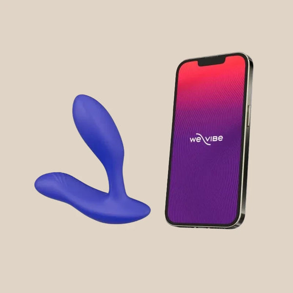 We-Vibe Vector Plus in Royal Blue paired with the smartphone app for remote play.
