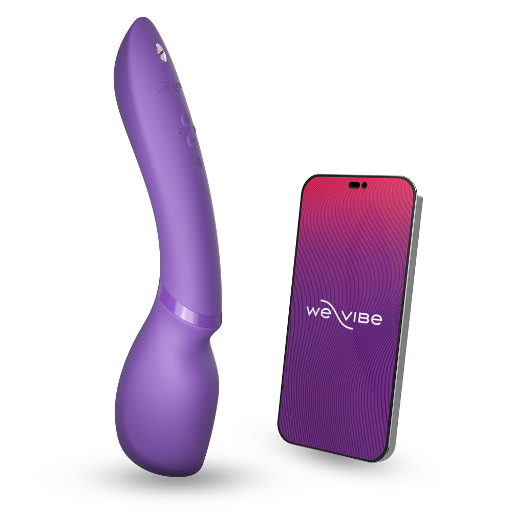 Purple rechargeable wand massager with app-compatible remote on white background