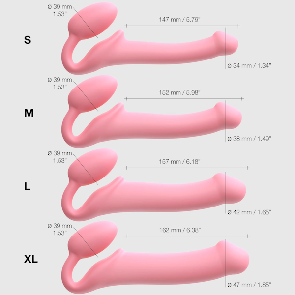 Size chart comparing four pink strapless strap-on dildos in S, M, L, XL with measurements
