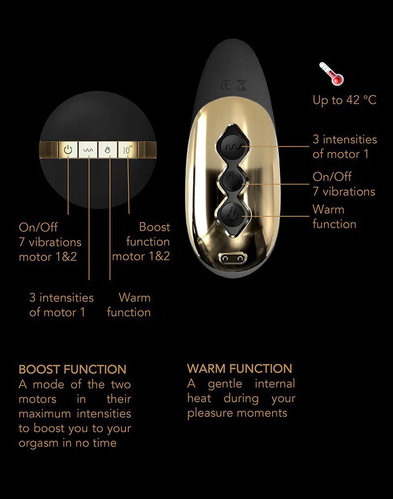 Technical view mapping out the manual power and mode selection buttons located on the gold base of the Dorcel P-Finger