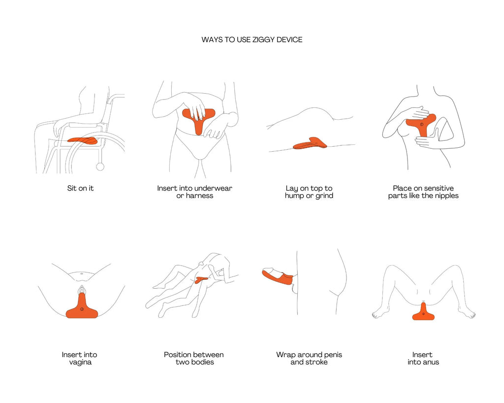Illustrated guide showing eight ways to use an inclusive orange vibrator, including sitting on it, using in underwear, laying on top, stimulating nipples, vaginal and anal insertion, positioning between partners, and stroking a penis.