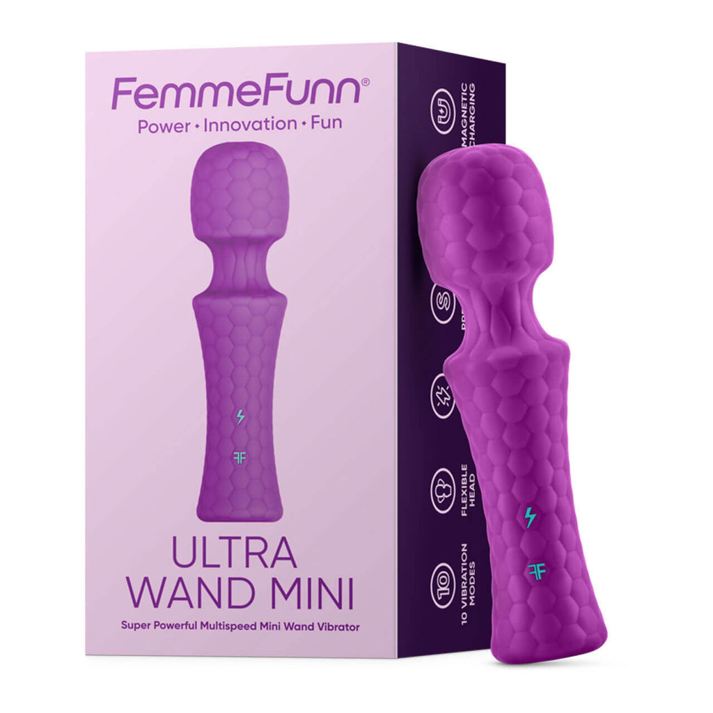 Purple mini wand massager with textured silicone surface and product packaging shown
