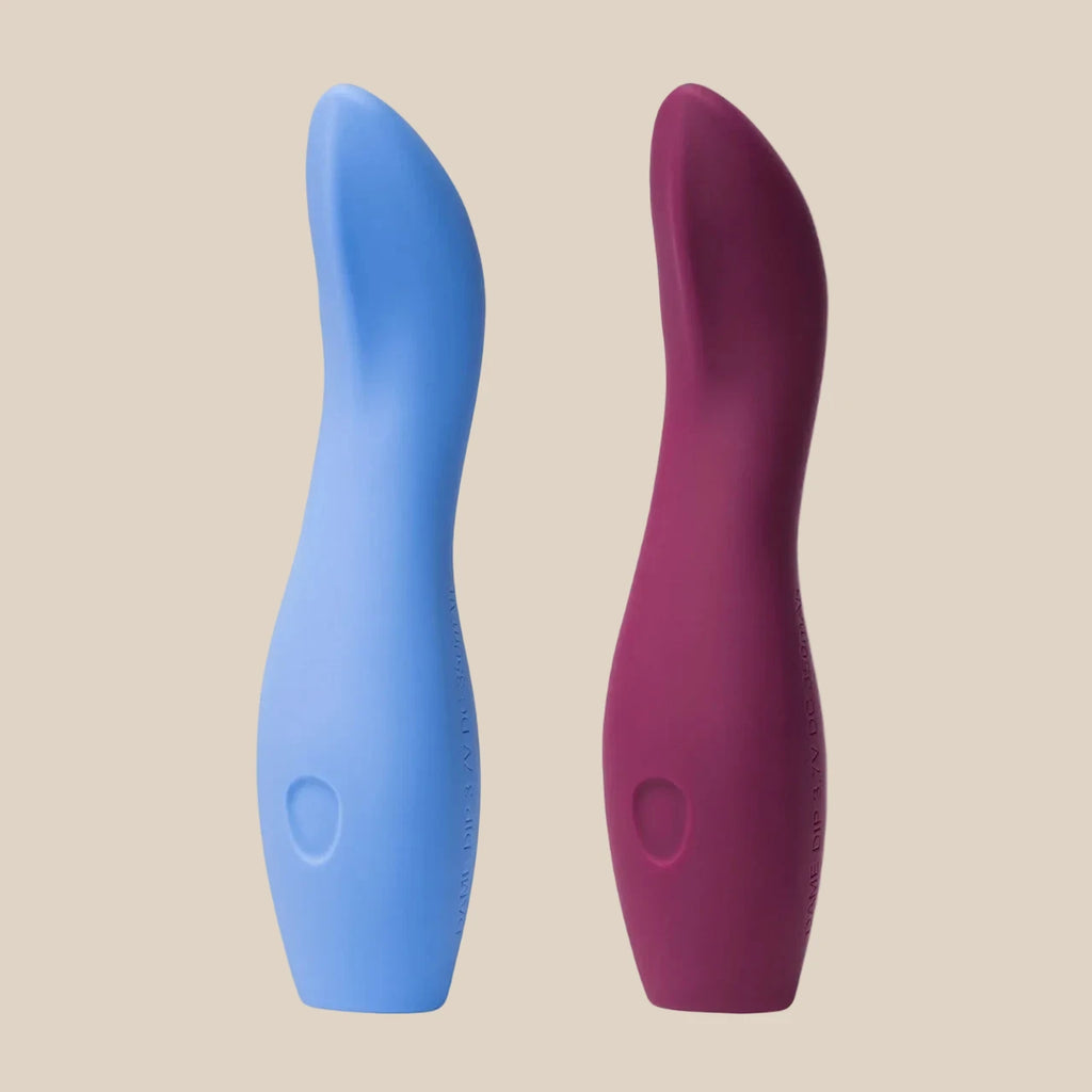 The Dame Dip 2.0 collection at Noirette featuring Plum and Periwinkle colorways. A versatile, waterproof vibrator with 5 intensities, available for discreet shipping across Australia.