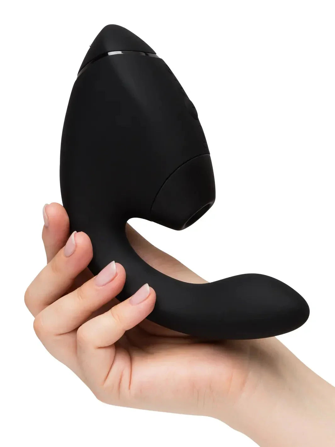 Handheld view of the Black Womanizer Next Duo at Noirette, showing the ergonomic grip and premium silicone texture.