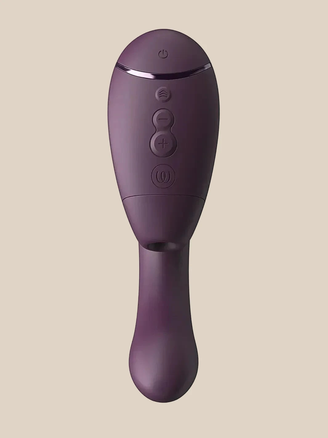 Close-up of the Dark Purple Womanizer Next Duo control panel at Noirette, featuring 14 intensity levels and dual motor control.