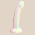Rainbow pastel silicone dildo with curved shaft and flared base on beige background